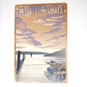 Minnesota Lake Dock Tin Sign 12×8 Canoe Fishing Retro Nature Metal Wall Decor